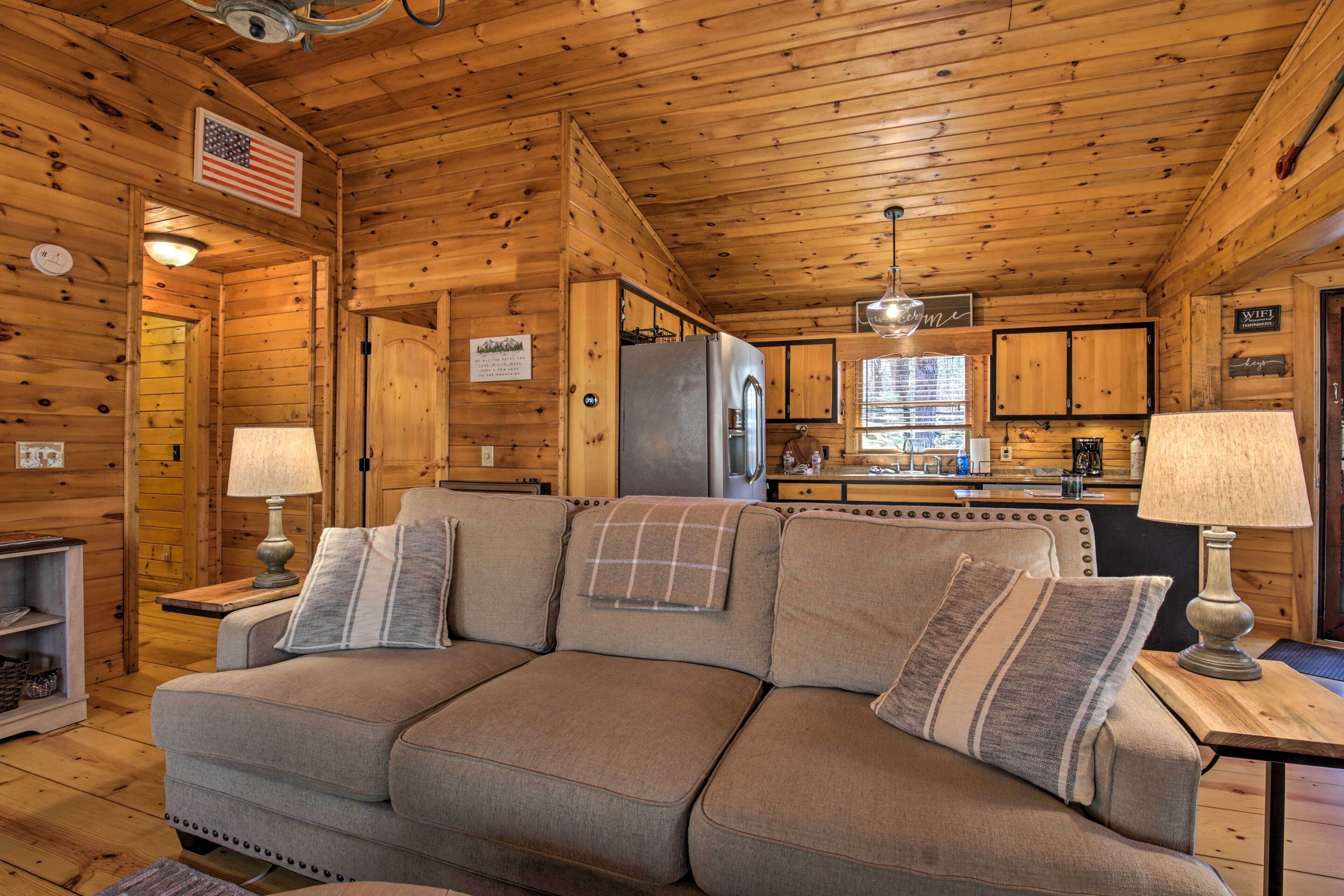 Een gezellig cabin interieur met een houten plafond, een bank met geruite kussens, een koelkast, een keukenhoek en een bordje dat aangeeft dat WiFi beschikbaar is.
