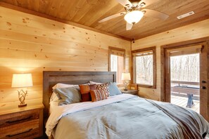 House (3 Bedrooms) | 3 bedrooms, bed sheets - Luxe Morganton Cabin: Hot Tub, Fire Pit, Game Room (Morganton)