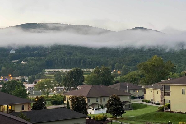 A residential area with houses, a white picket fence, and a mountain in the background.