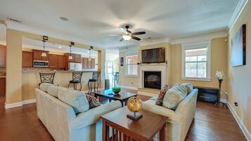 TV de tela plana, lareira