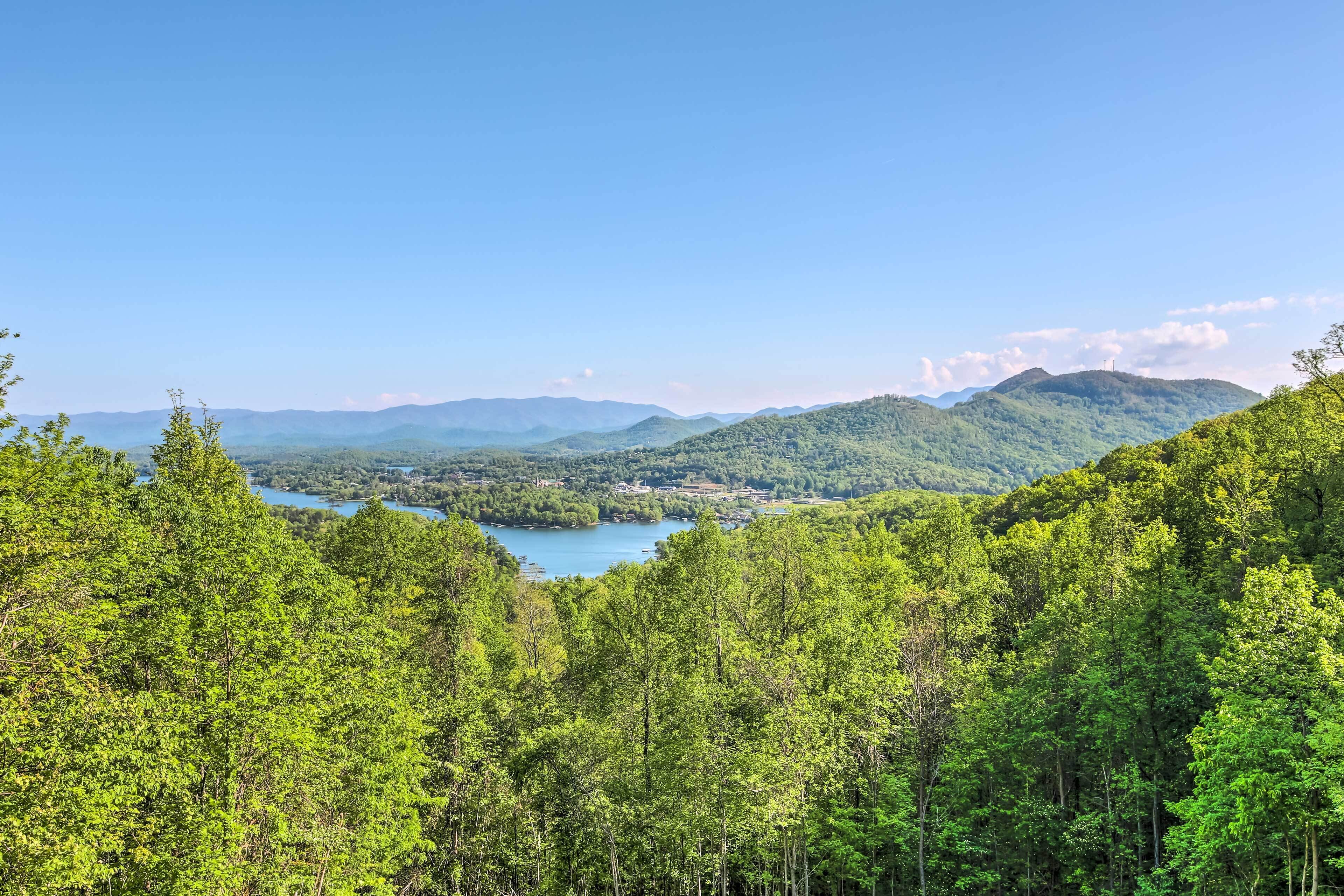 A forested landscape with a lake and mountains in the background.