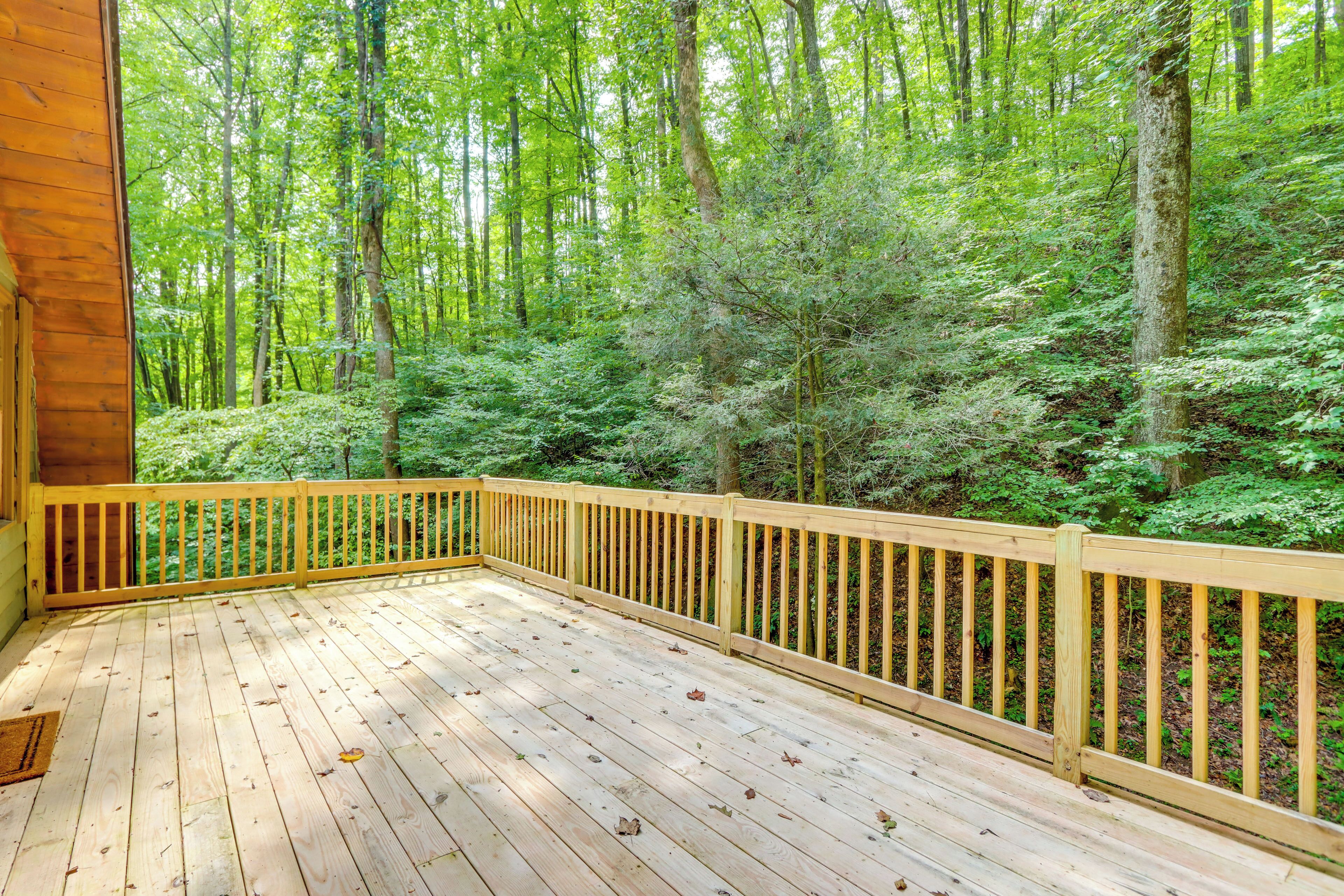 Une terrasse en bois dotée d’une rambarde, qui offre une vue sur une forêt dense.