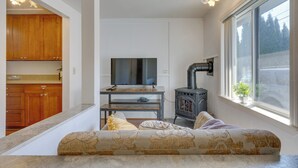 A cozy living room with a sofa, a TV, and a wood-burning stove. - Bright & Airy Seattle Abode < 9 Mi to Space Needle (Seattle)