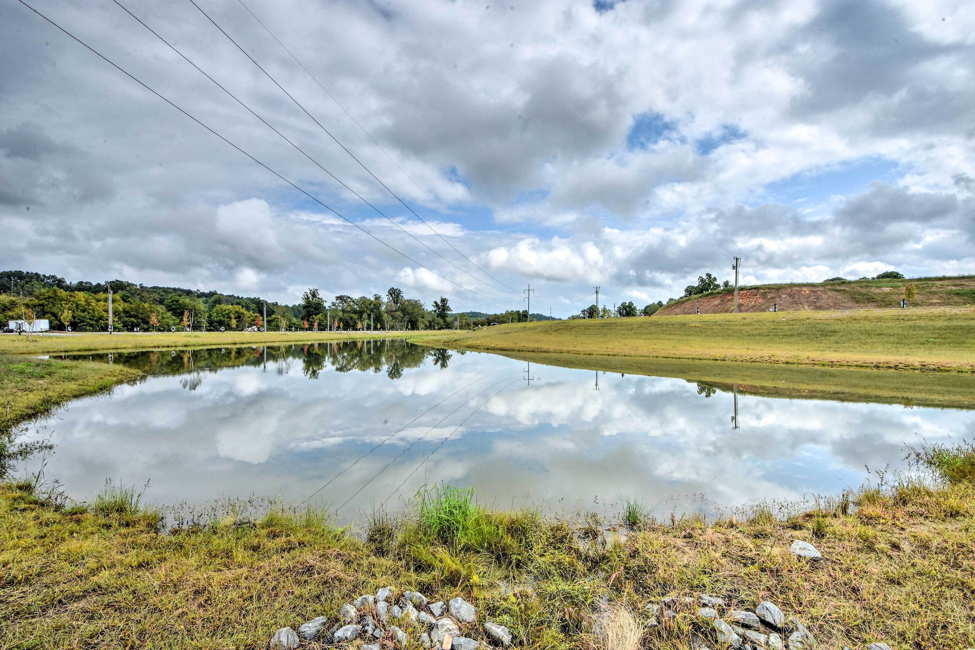 A tranquil pond with a clear reflection, surrounded by grassy fields and a distant hill.