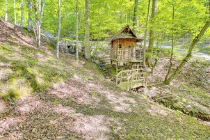 Una baita di legno con un portico, immersa in una zona boschiva con un sentiero sterrato che vi conduce.