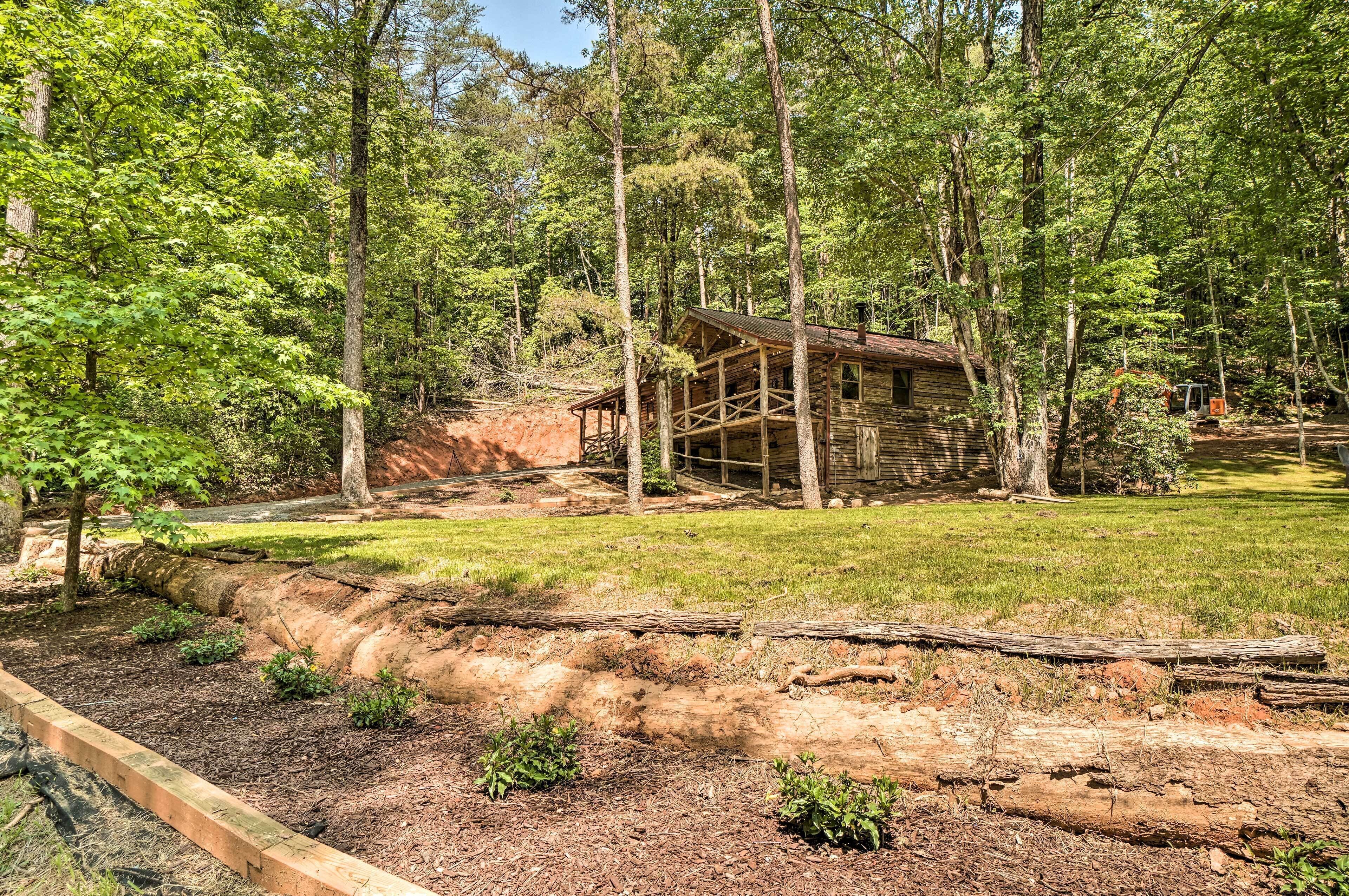 A rustic cabin surrounded by a forest.