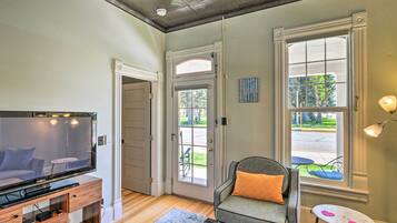 TV, fireplace, books