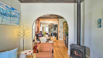 TV, fireplace, books