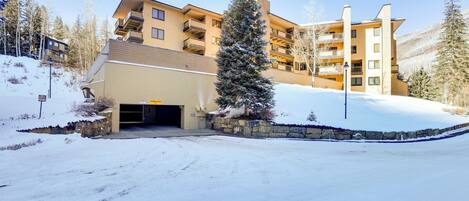 A multi-story hotel with a snow-covered driveway and a large evergreen tree in front.