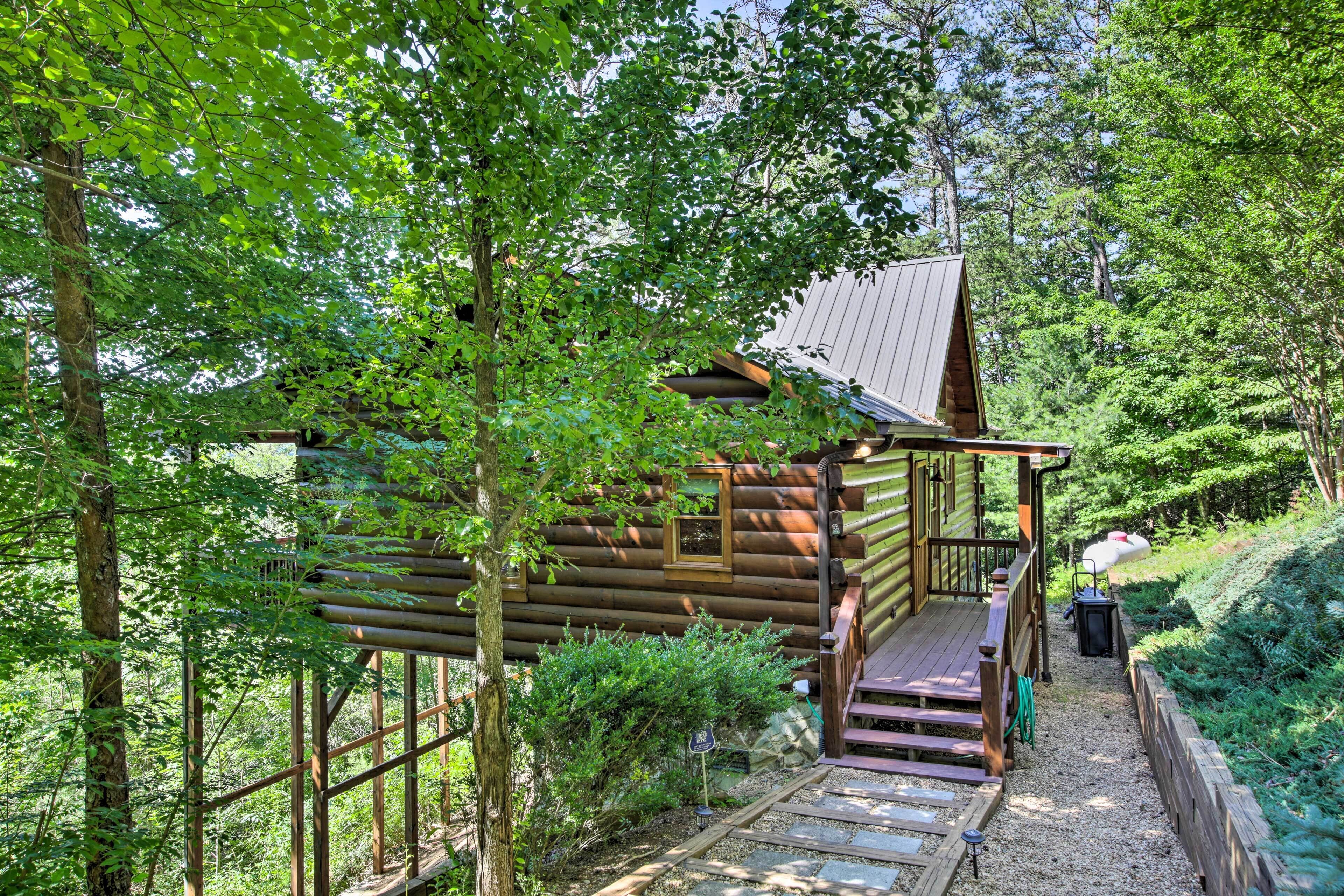 Une cabane en bois rustique, dotée d’une terrasse en bois et d’un escalier menant à un porche.
