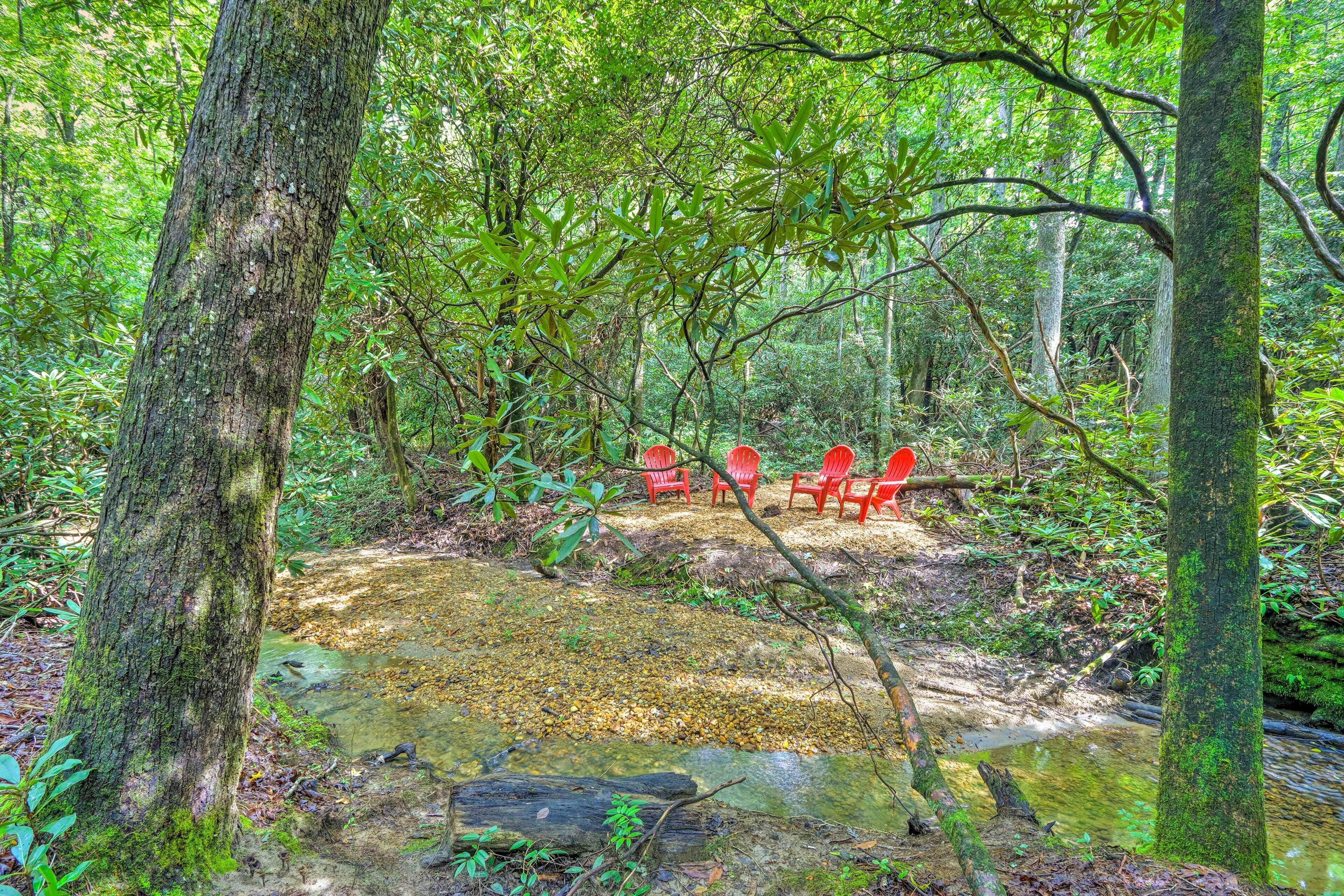 Un cadre naturel avec un petit ruisseau, entouré d’arbres et de chaises rouges.