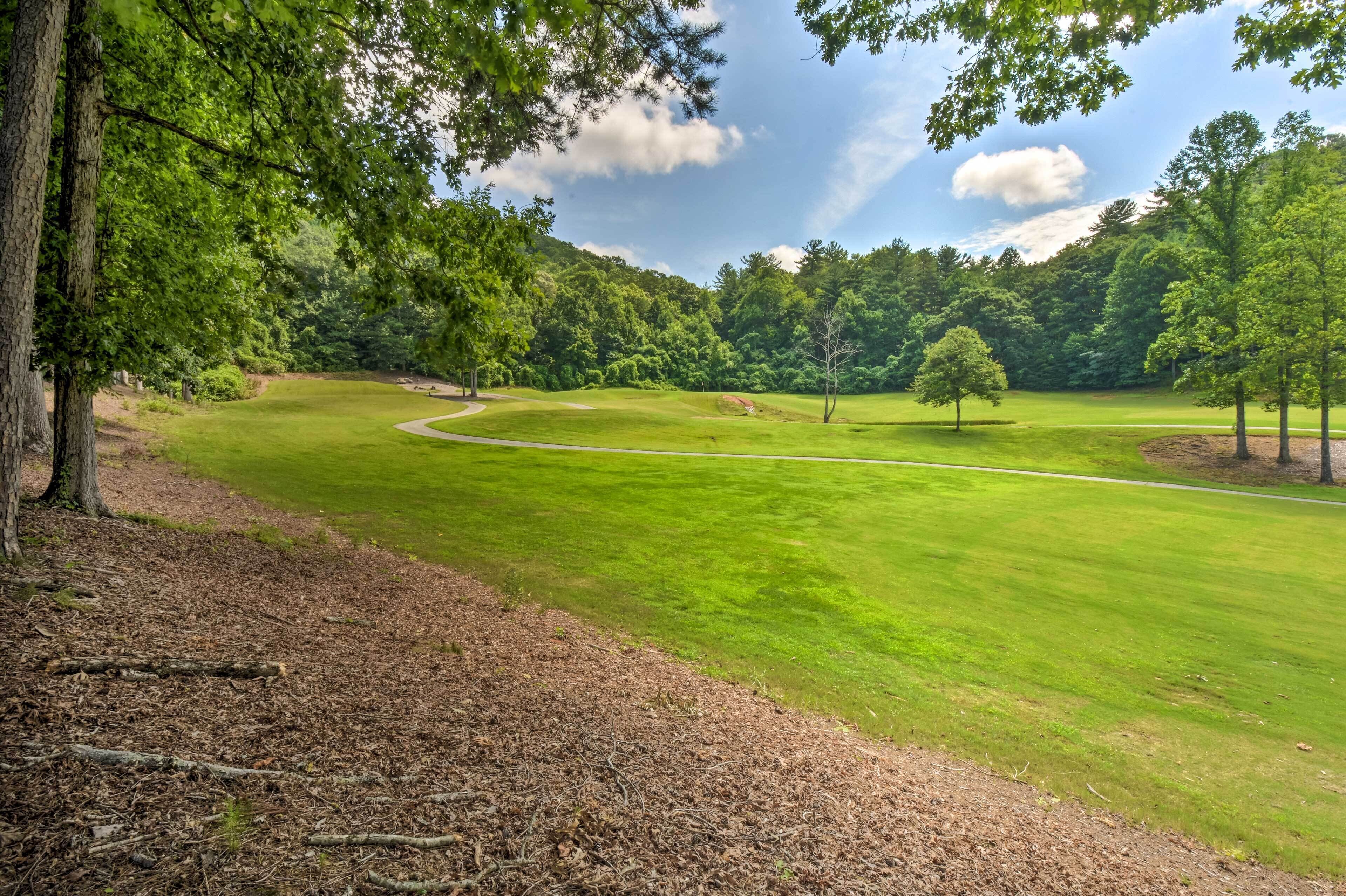 A golf course with a well-maintained green, a winding path, and dense trees in the background.