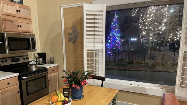 A kitchen with a microwave, stove, and a bowl of fruit on the counter. There's a window with a view of a decorated Christmas tree outside. -  Historic Waterfront District., for lovers of art, restaurants, unique shops, 

 (Warren)