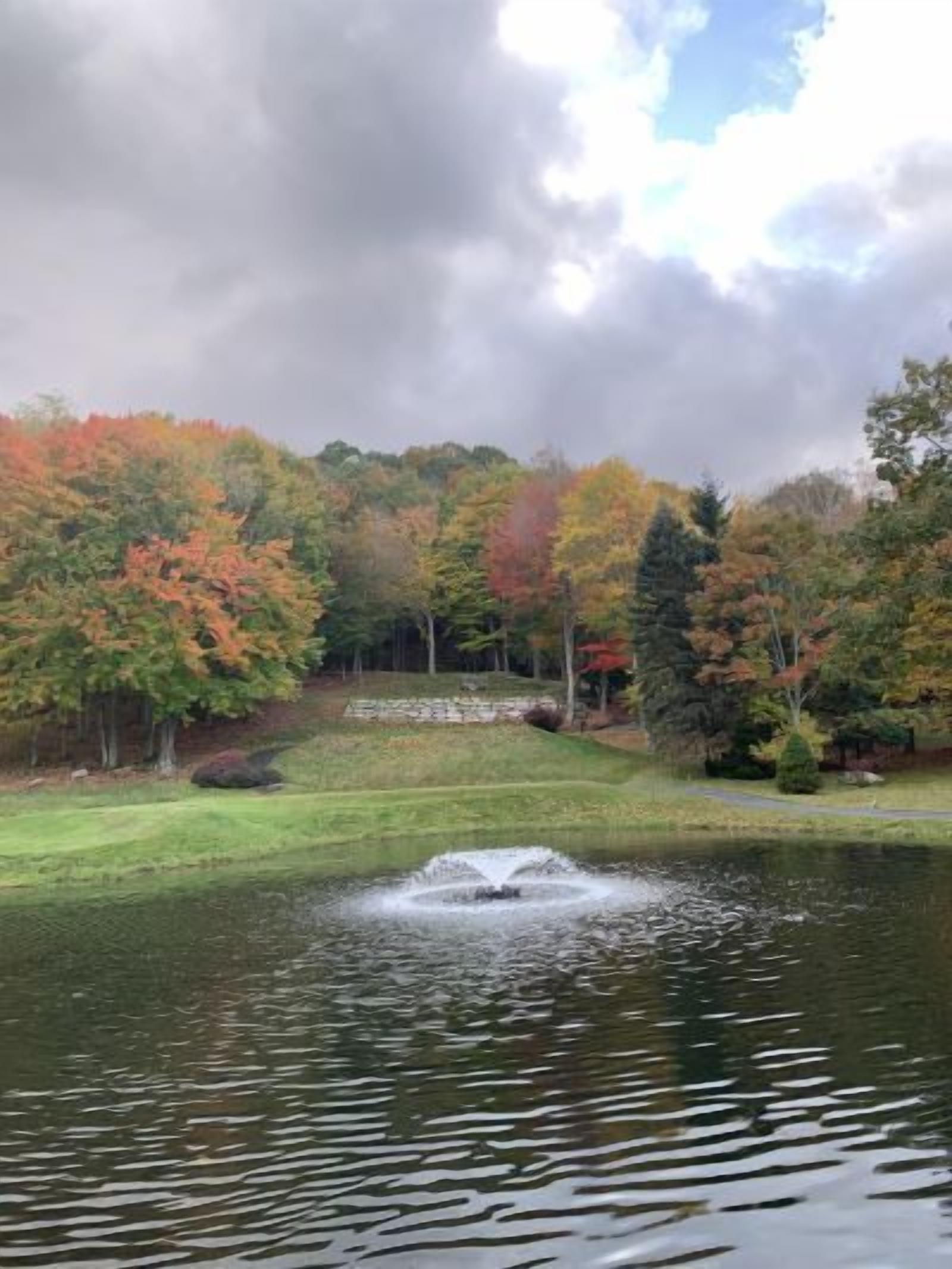 A serene landscape with a pond, trees in autumn colors, and a stone wall in the background.