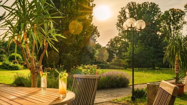 A wooden table with two drinks and a chair in a garden setting with a lamp post and trees. - Seepark Hotel am Wandlitzsee (Wandlitz)