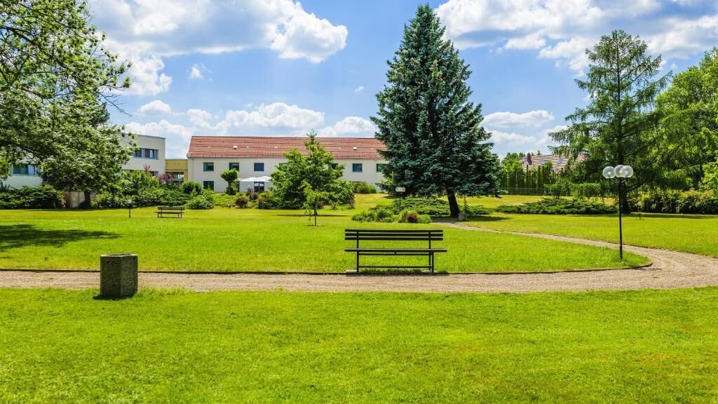 A park with a bench, a path, and a building in the background.