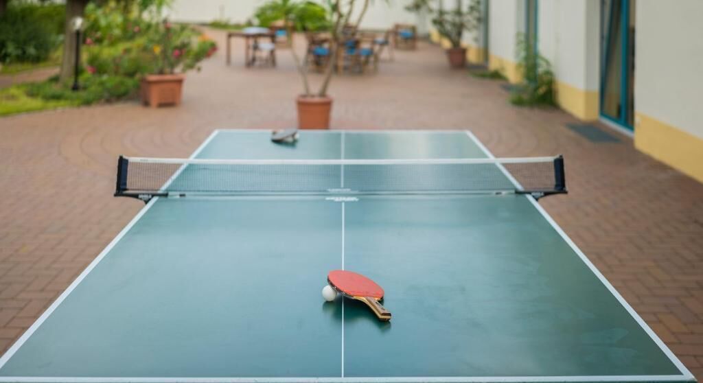Mesa de ping pong al aire libre con una paleta y una pelota, rodeada de plantas en macetas y asientos exteriores.