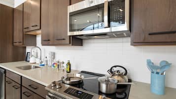 Panoramic Apartment | Private kitchen | Full-sized fridge, microwave, oven, stovetop