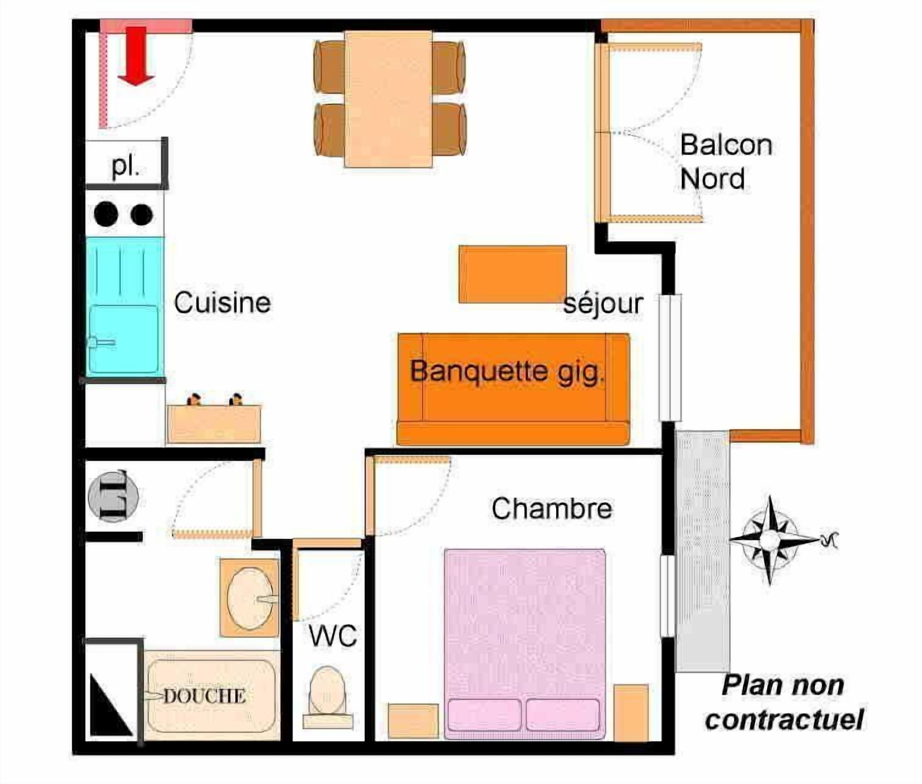 Een plattegrond van een hotel met een keuken en een eetgedeelte, plus vele aangrenzende badkamers en kamers.