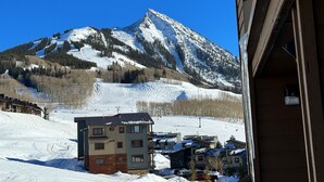 A mountain with a ski slope in the background. There are buildings in the foreground, including a multi-story structure with balconies. - Rustic Retreat - Mt Crested Butte (Crested Butte)