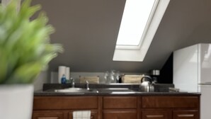 A kitchen with a skylight, wooden cabinets, a countertop, and a sink. - Cute & Cozy Providence Studio! (Providence)