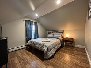 1 bedroom, desk, iron/ironing board, travel cot