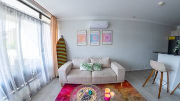 TV connectée, cheminée, livres