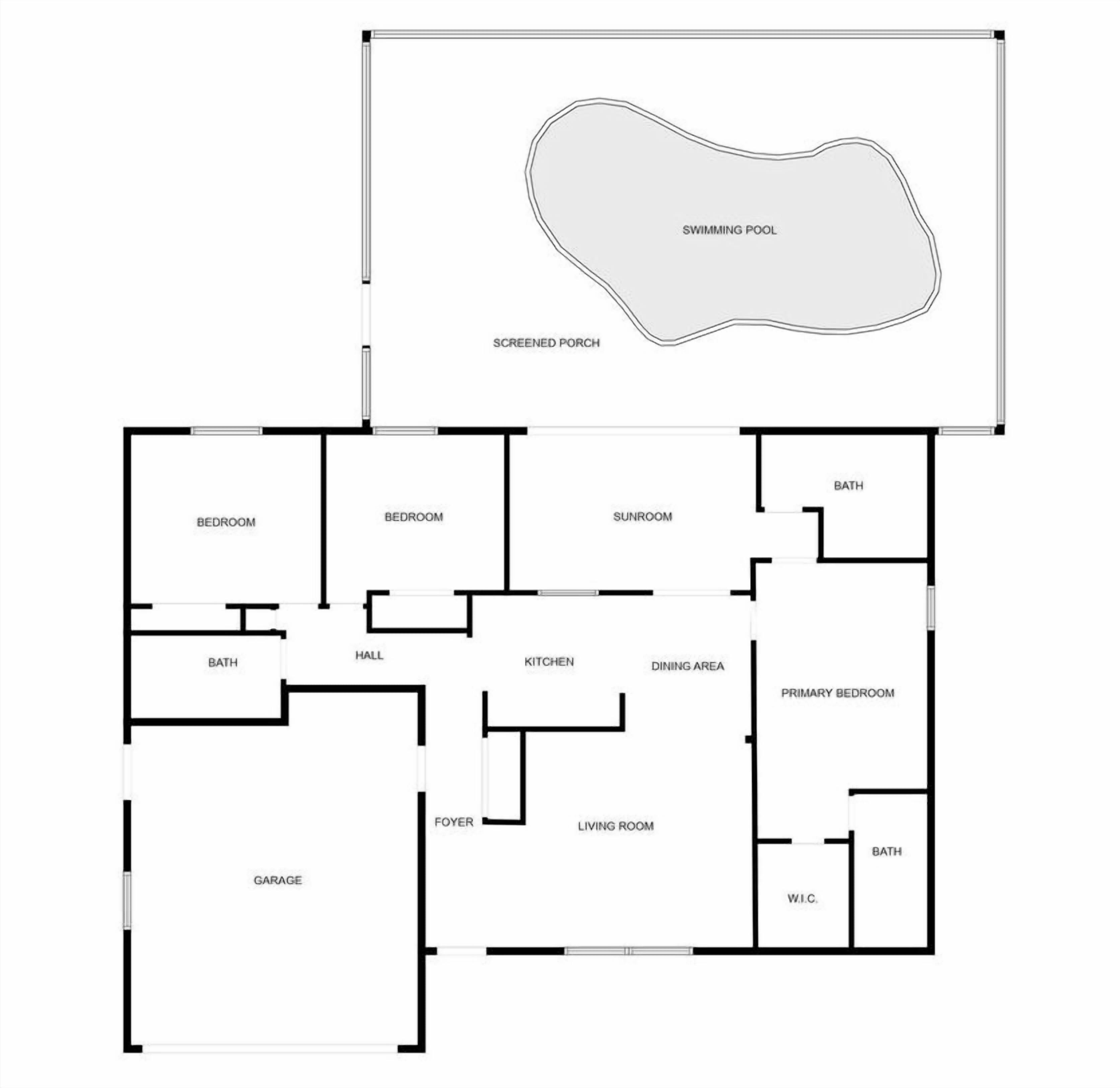 A floor plan with a swimming pool, screened porch, two bedrooms, a sunroom, kitchen, dining area, primary bedroom, living room, foyer, bathroom, and garage.