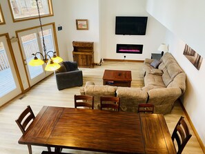 Smart TV, fireplace, video games, books