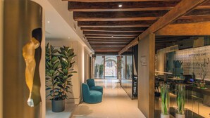 A modern interior with a wooden ceiling, a seating area, and a glass display case with plants. - Palazzetto My Venice (Venice)