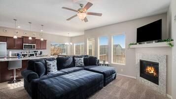 Smart TV, fireplace, foosball, table tennis