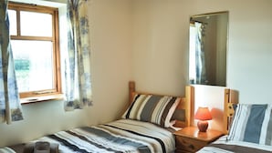 A bedroom with two single beds, a bedside table with a lamp, a window with curtains, and a mirror on the wall.