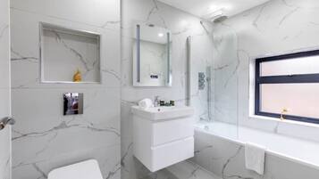 Hair dryer, towels, soap, shampoo