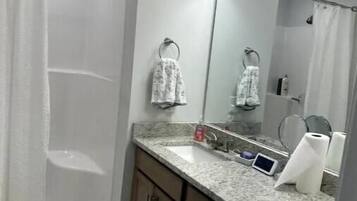 Eco-friendly toiletries, hair dryer, towels, soap