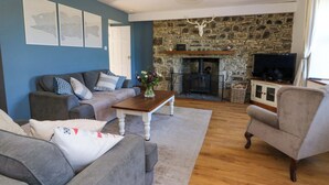 A living room with a stone fireplace, a television, and a sofa. - Towyn Hall (New Quay)