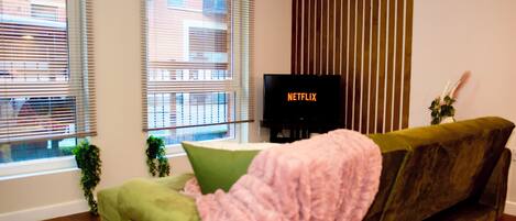 A living room with a green sofa, a pink blanket, a television displaying 'NETFLIX', and a window with blinds.