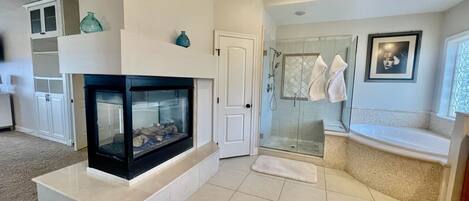 A modern bathroom with a glass shower, a bathtub, and a fireplace.