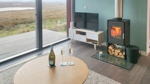 Ein modernes Wohnzimmer mit großem Fenster, einem Fernseher, einem Kamin und einem Tisch mit Gläsern und einer Flasche.