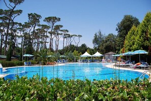 Uma piscina rodeada por espreguiçadeiras e guarda-sóis, com árvores ao fundo.