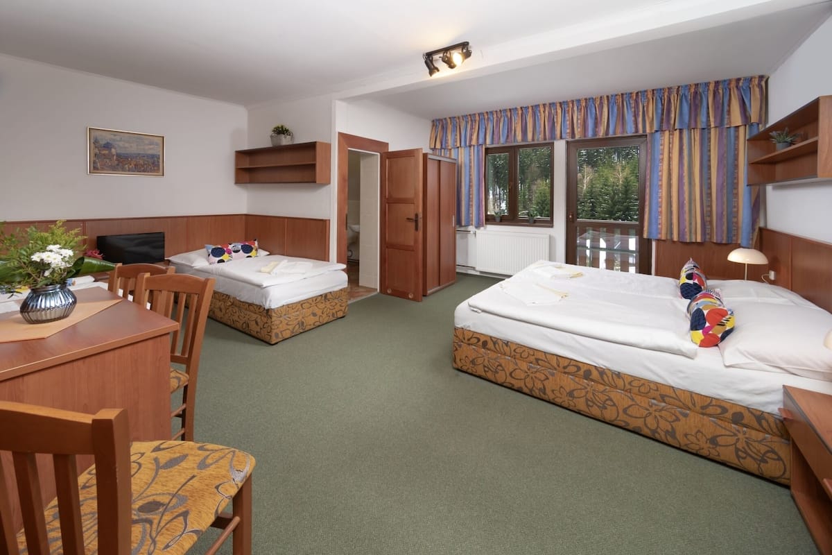 Habitación de hotel con dos camas, un escritorio, una silla, un televisor y una ventana con cortinas.