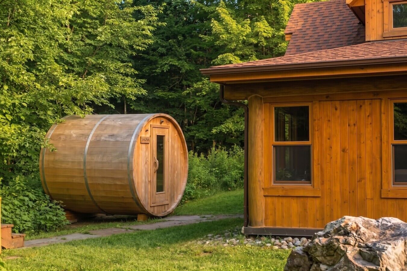 A wooden sauna barrel and a cabin with a sloped roof.