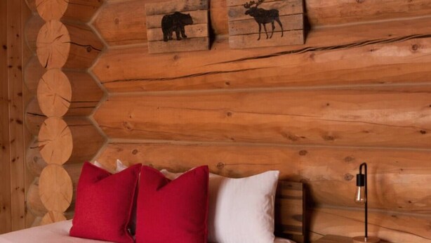 Una habitaci ón tipo cabaña de madera con una cama, dos almohadas, una mesita de noche y una lámpara.