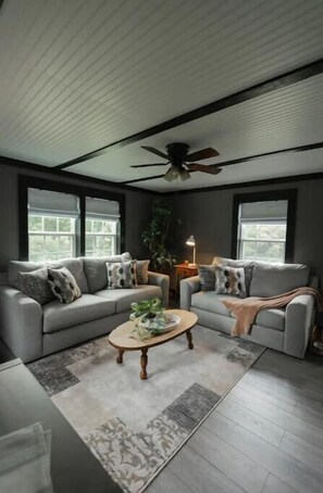 Smart TV, fireplace, books