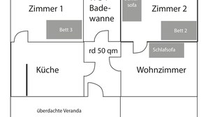 A hotel floor plan with three bedrooms (Bett 1, Bett 2, Bett 3), a bathroom (WC + Badewanne), a kitchen (Küche), a living room (Wohnzimmer), and a balcony (überdachte Veranda). - Apartment Kornkammer near Lake Plau (Halenbeck-Rohlsdorf)