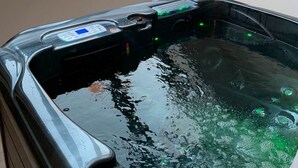 Un jacuzzi en una habitación con tragaluces.