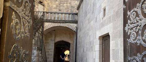 Un corredor de piedra en arco con puertas de metal ornamentadas y un edificio de piedra al fondo.