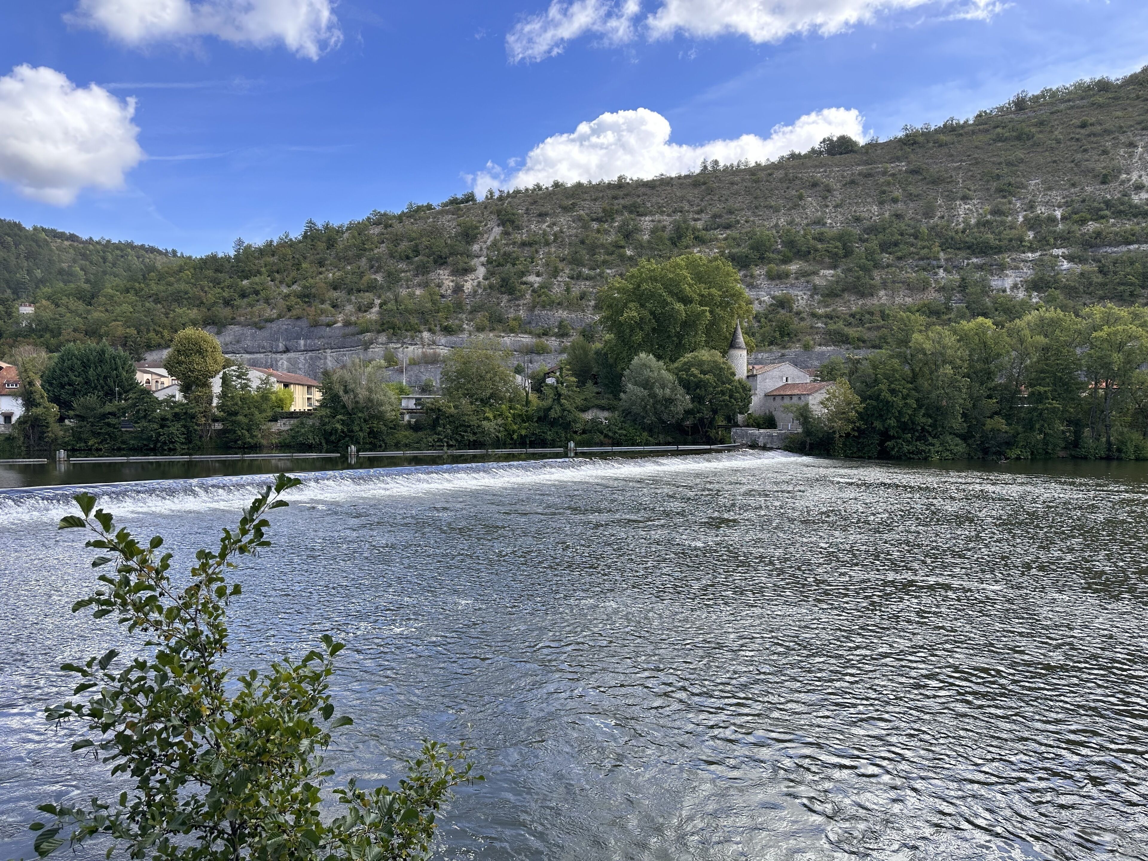 A river with a bridge, a castle-like building, and a hill with trees.