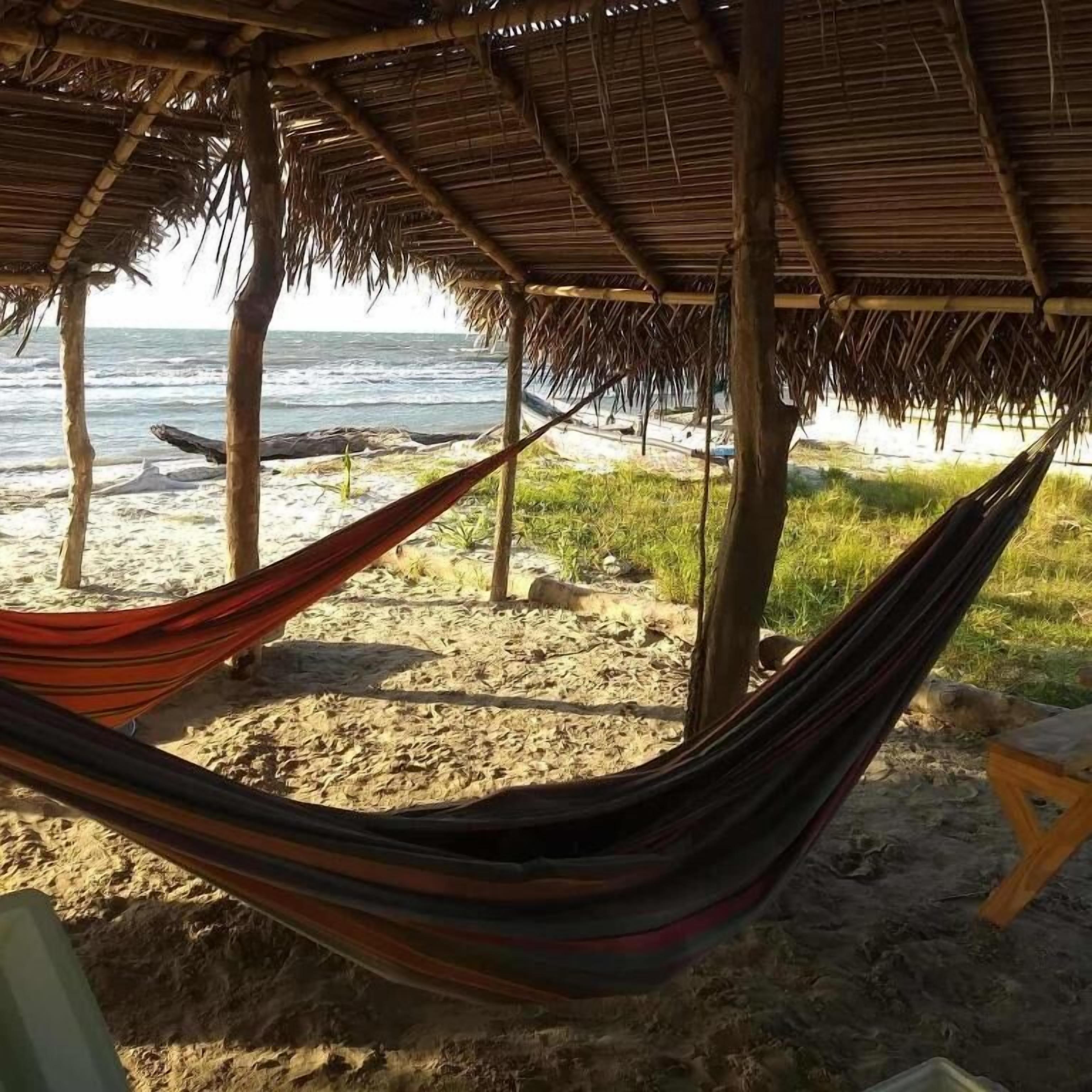 A hammock under a thatched roof structure on a beach with the ocean in the background.
