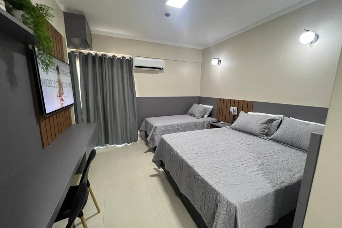 A hotel room with two beds, a TV, a desk, and a plant.