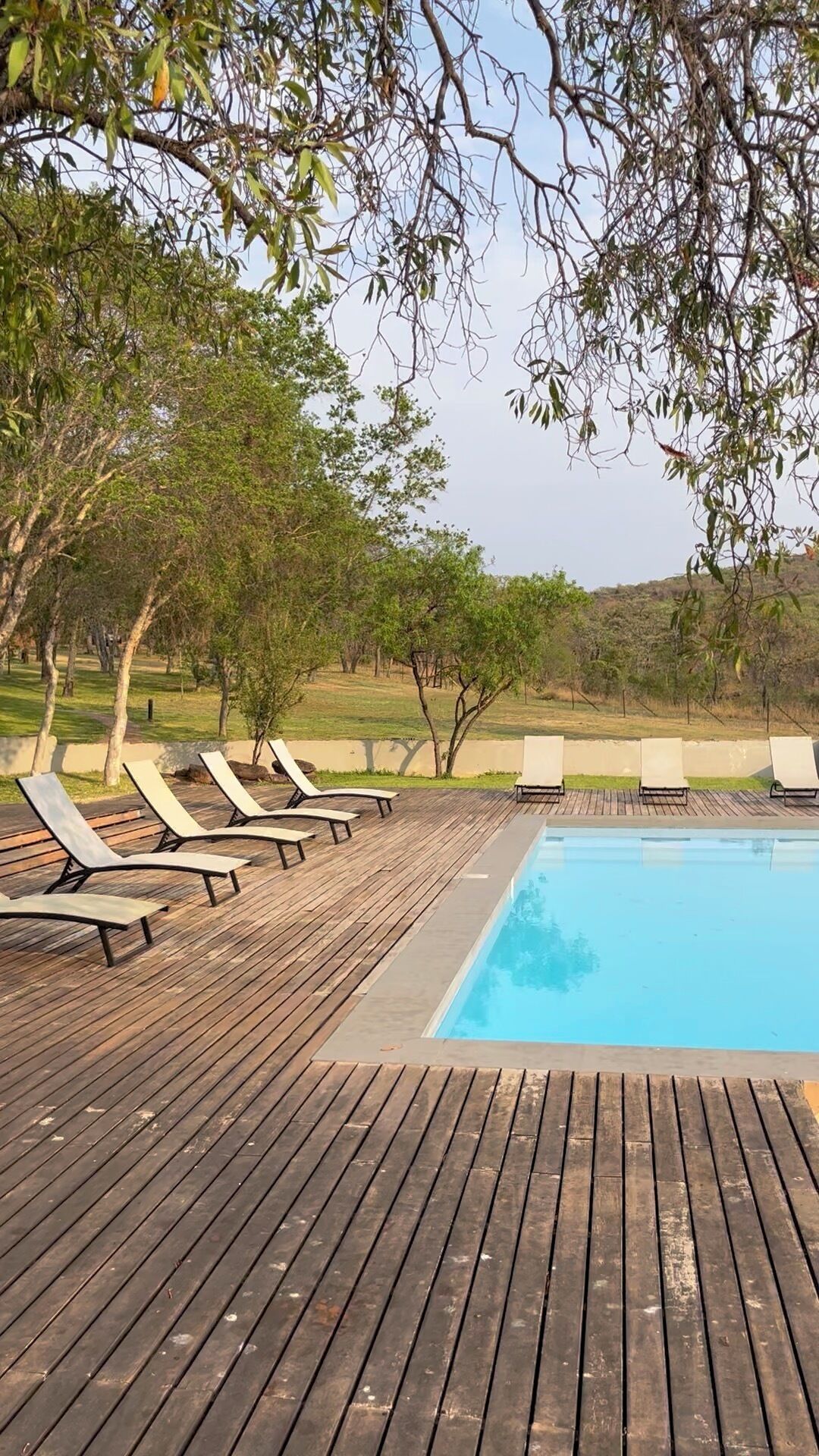 A wooden deck with lounge chairs and a swimming pool.